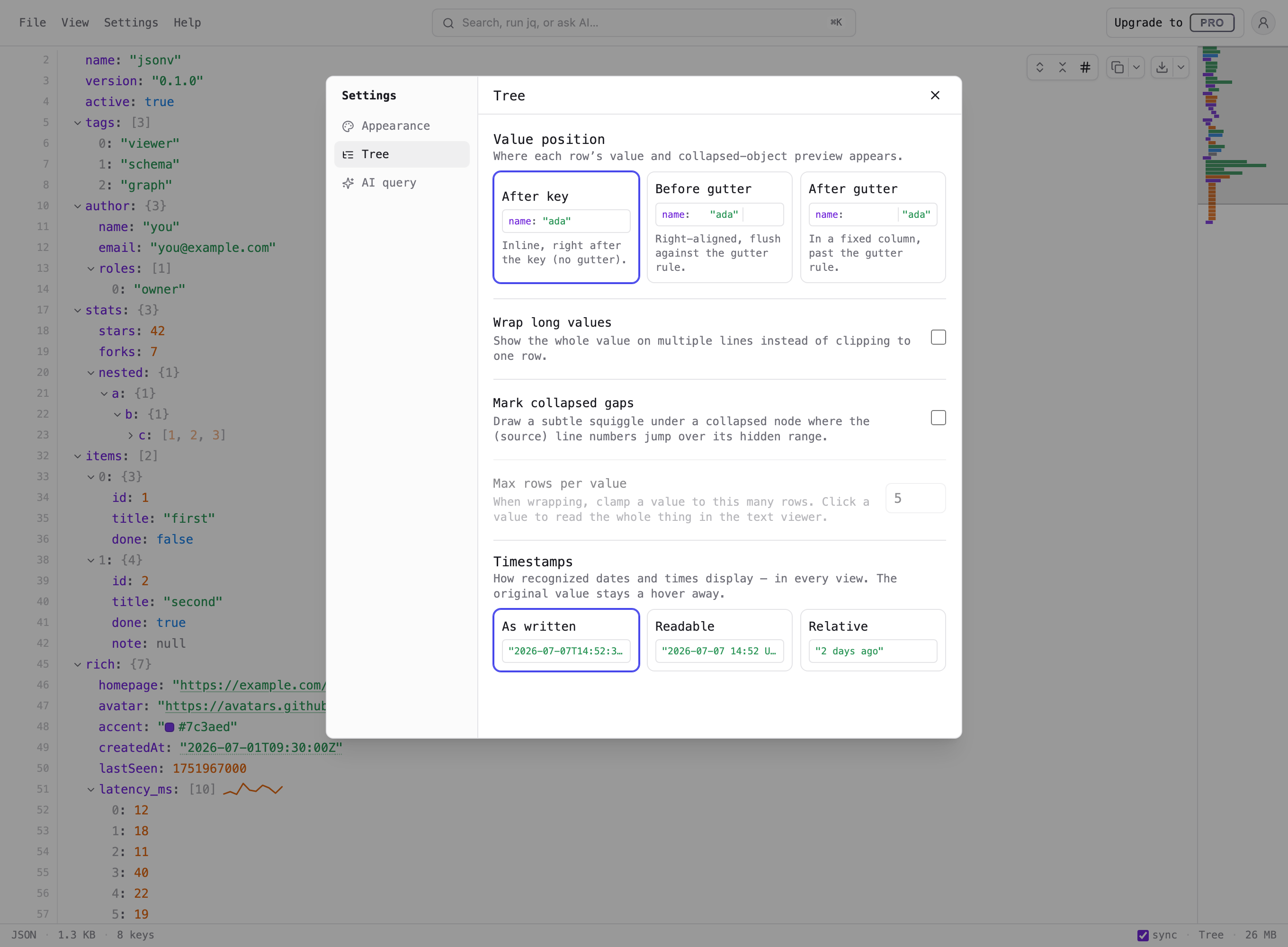 The Settings dialog open on the Tree tab, showing Value position, Wrap long values, Mark collapsed gaps, Max rows, and the Timestamps display choice.